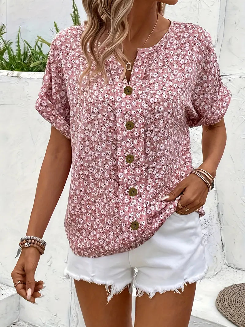 Short-Sleeve Summer Blouse Top with Buttons