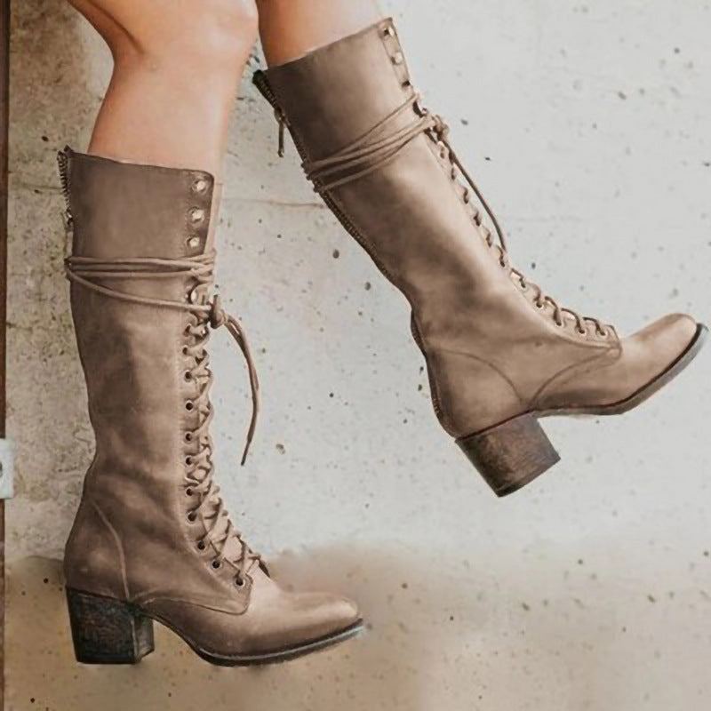 Olivia Women’s Lace-Up Knee-High Block Heel Boots