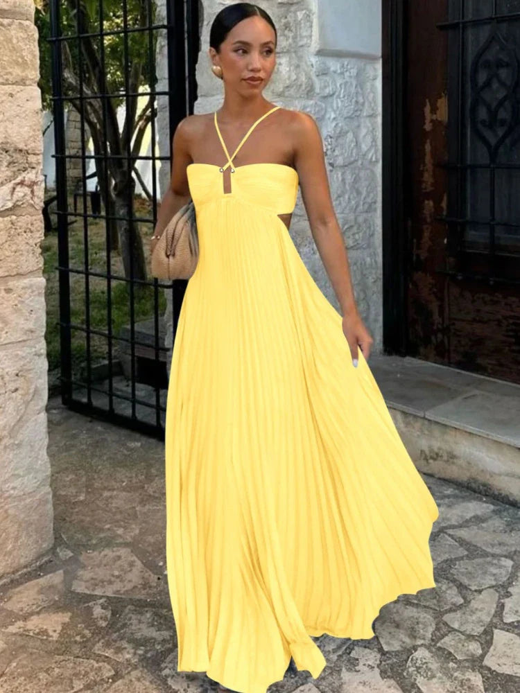 Pleated Halter Neck Maxi Dress