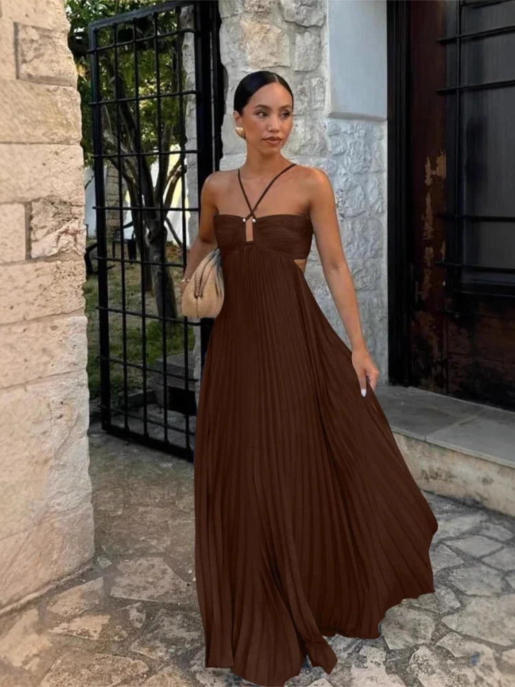 Pleated Halter Neck Maxi Dress