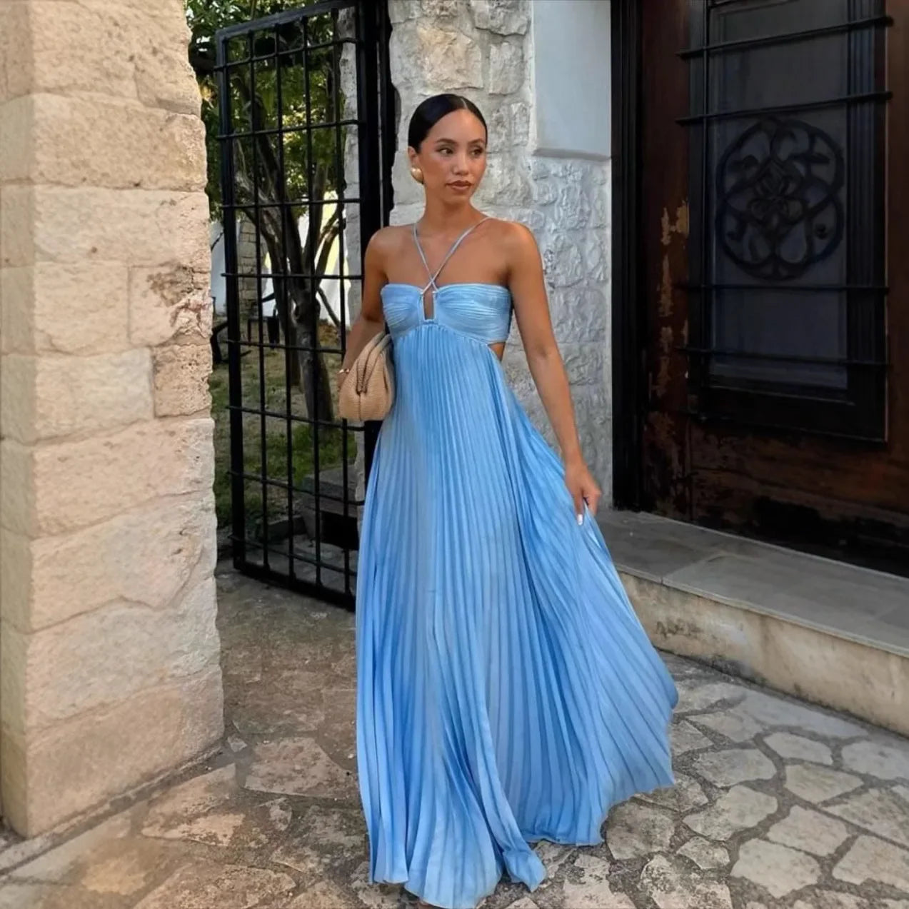 Pleated Halter Neck Maxi Dress