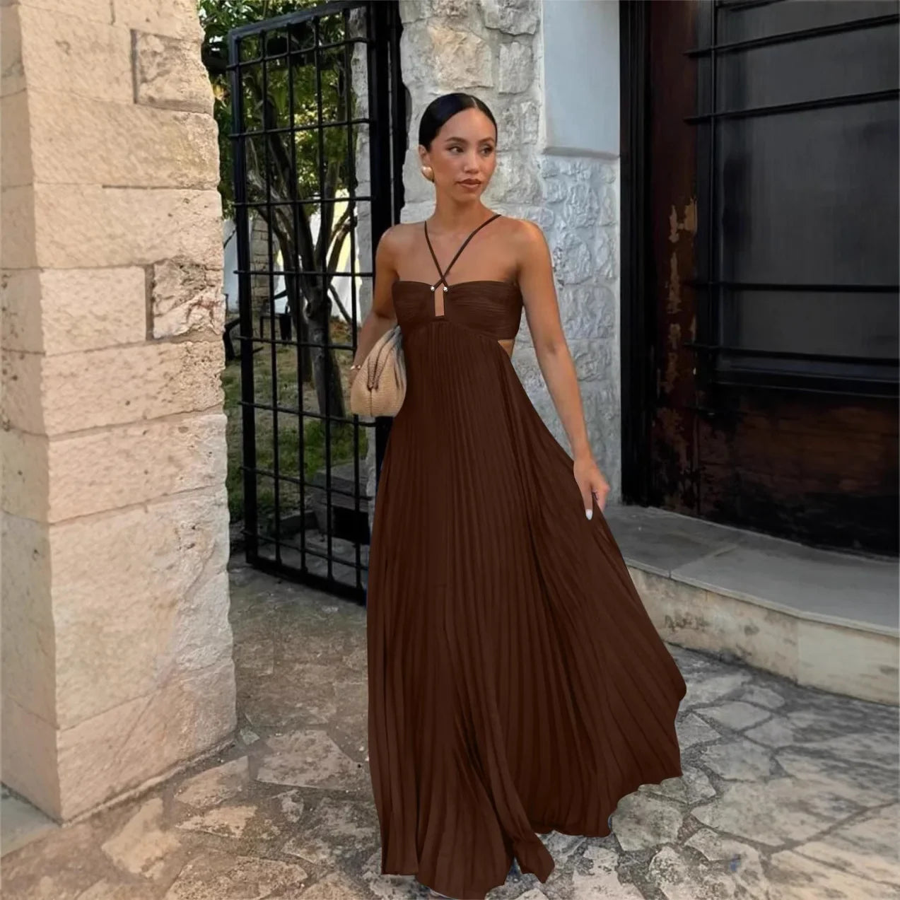 Pleated Halter Neck Maxi Dress