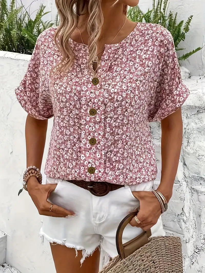 Short-Sleeve Summer Blouse Top with Buttons