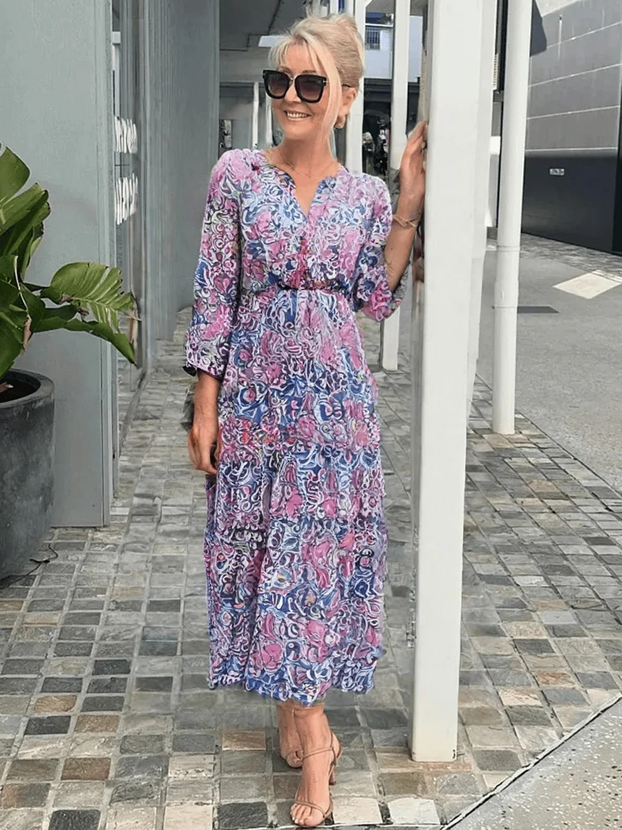 Women's Boho Floral Dress – Loose Mid-Length Breezy Summer Dress – Sinclair Garments