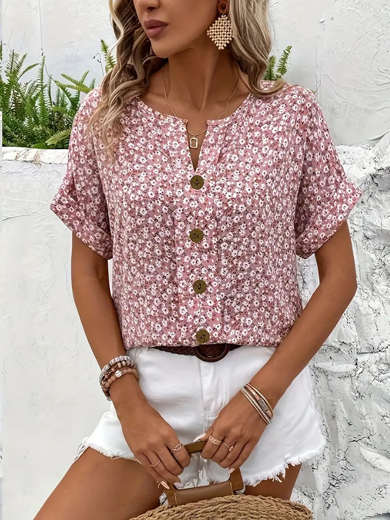 Short-Sleeve Summer Blouse Top with Buttons