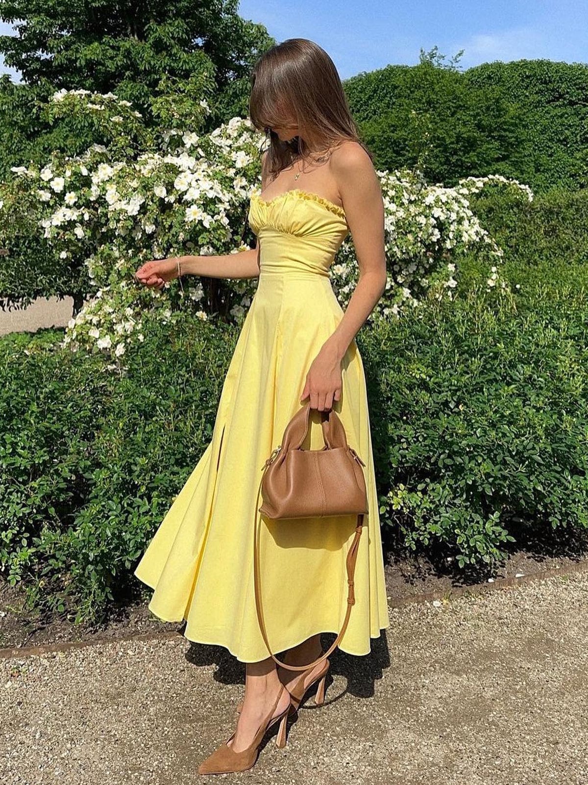 Anne Yellow Strapless Summer Midi Dress
