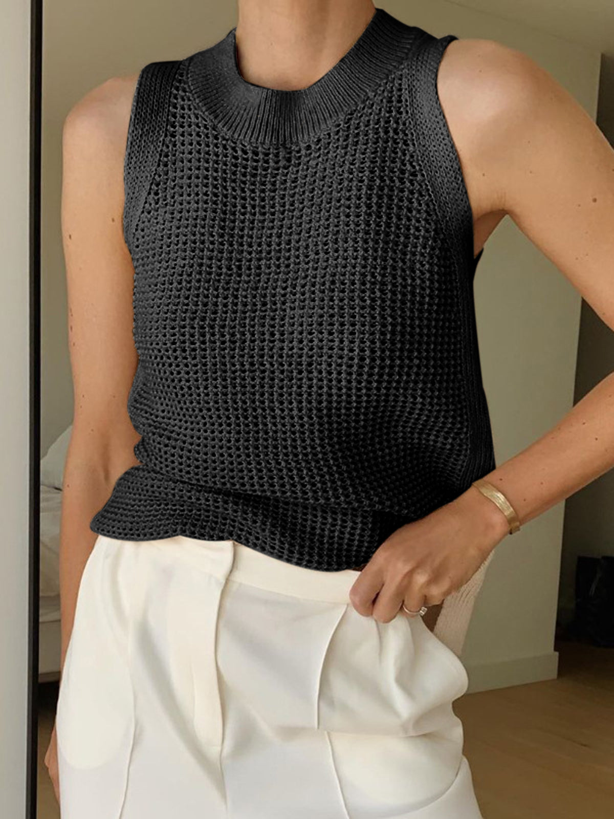 Hollow Knit Solid Tank Top