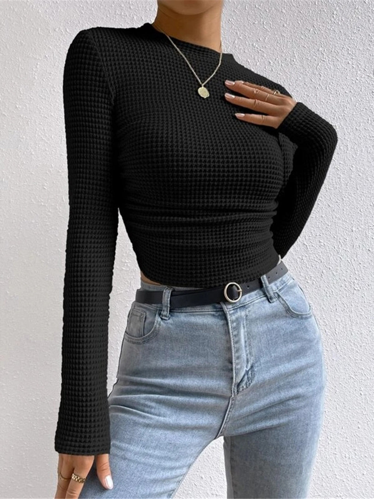 Fitted Waffle-Knit Long-Sleeve Top