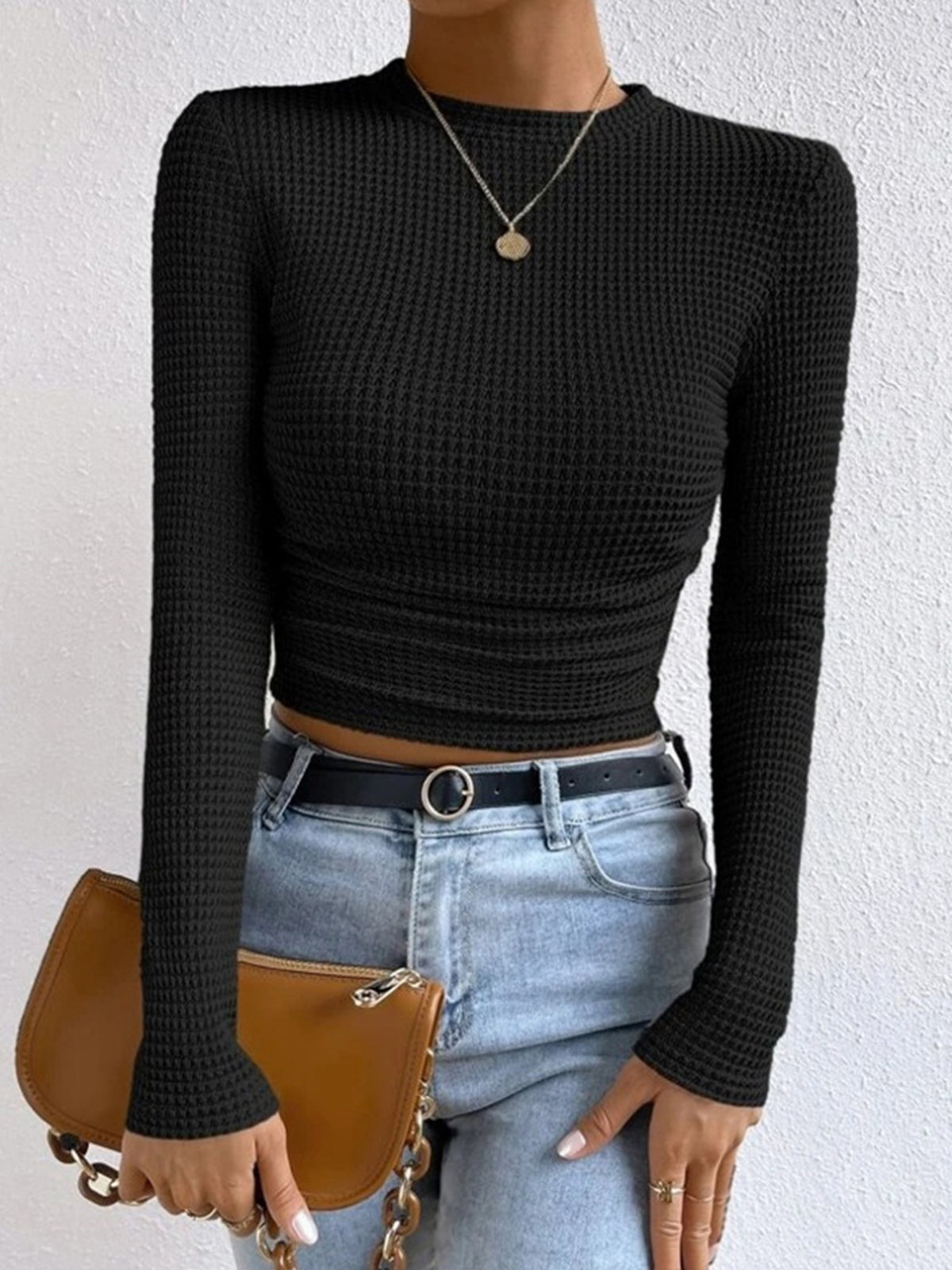 Fitted Waffle-Knit Long-Sleeve Top