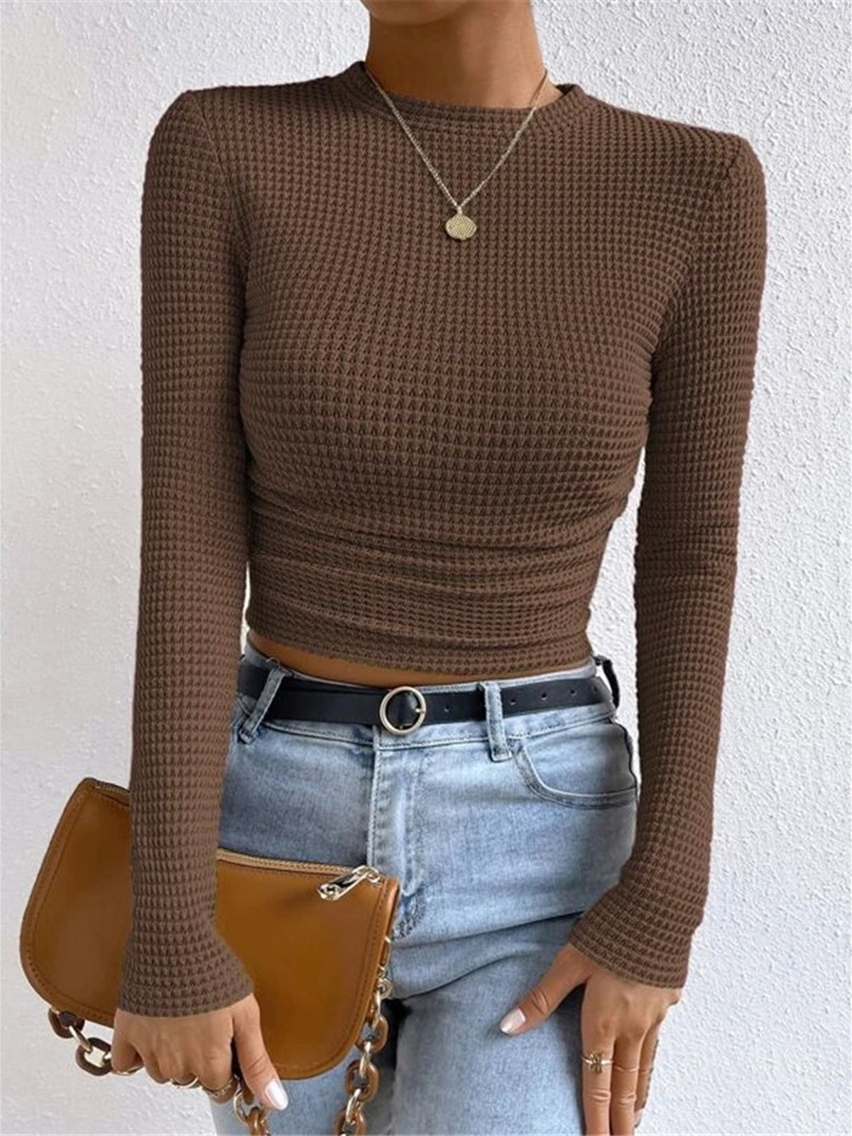 Fitted Waffle-Knit Long-Sleeve Top