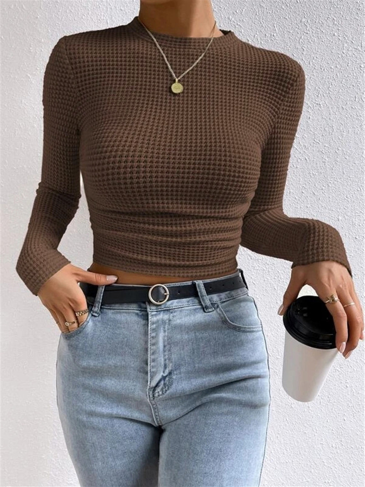 Fitted Waffle-Knit Long-Sleeve Top