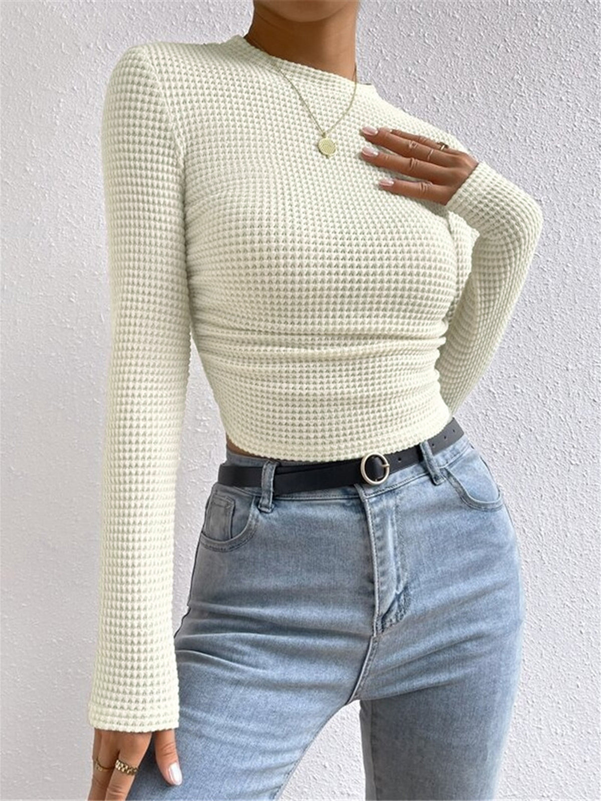 Fitted Waffle-Knit Long-Sleeve Top
