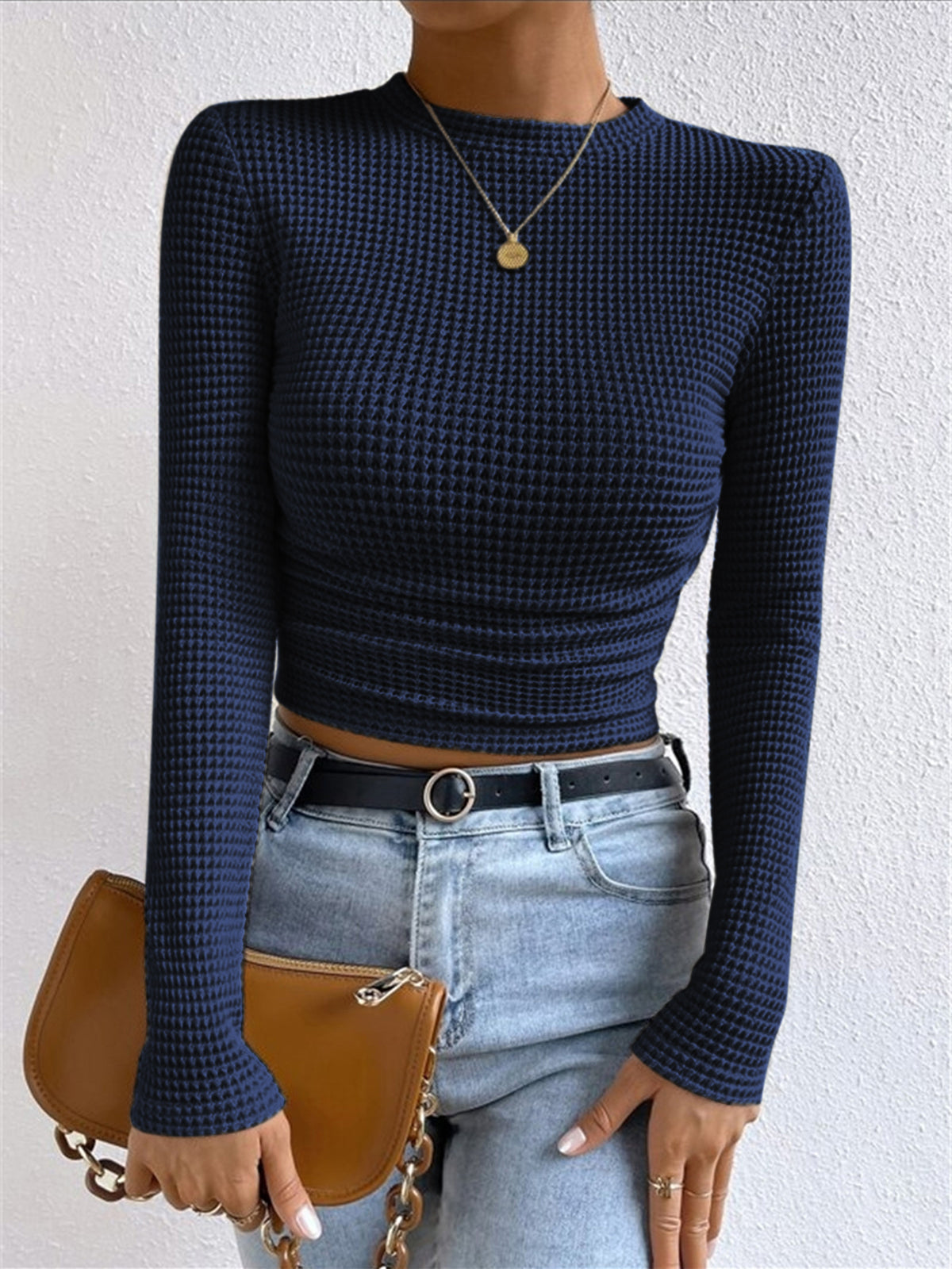 Fitted Waffle-Knit Long-Sleeve Top