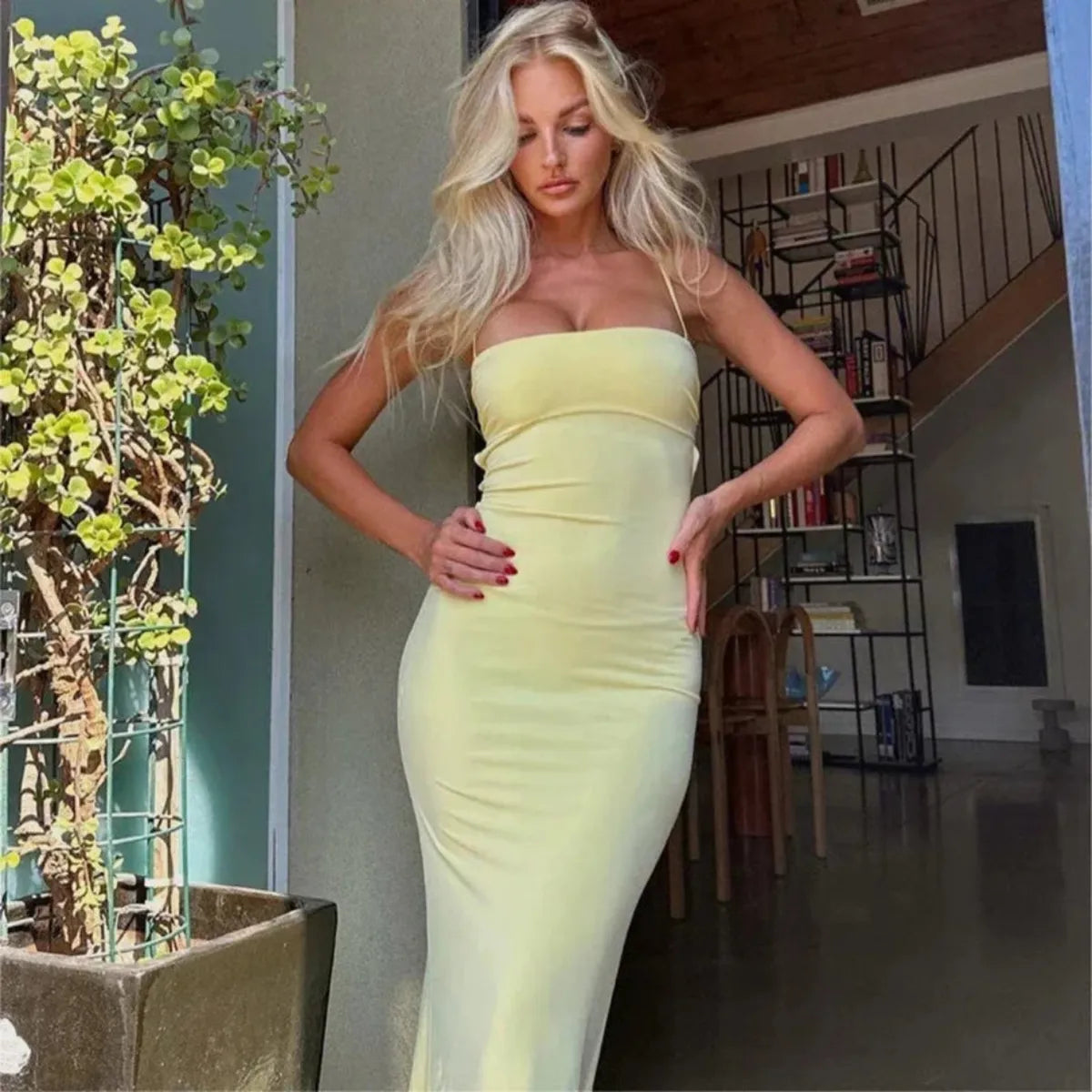 Yellow Backless Bodycon Maxi Dress