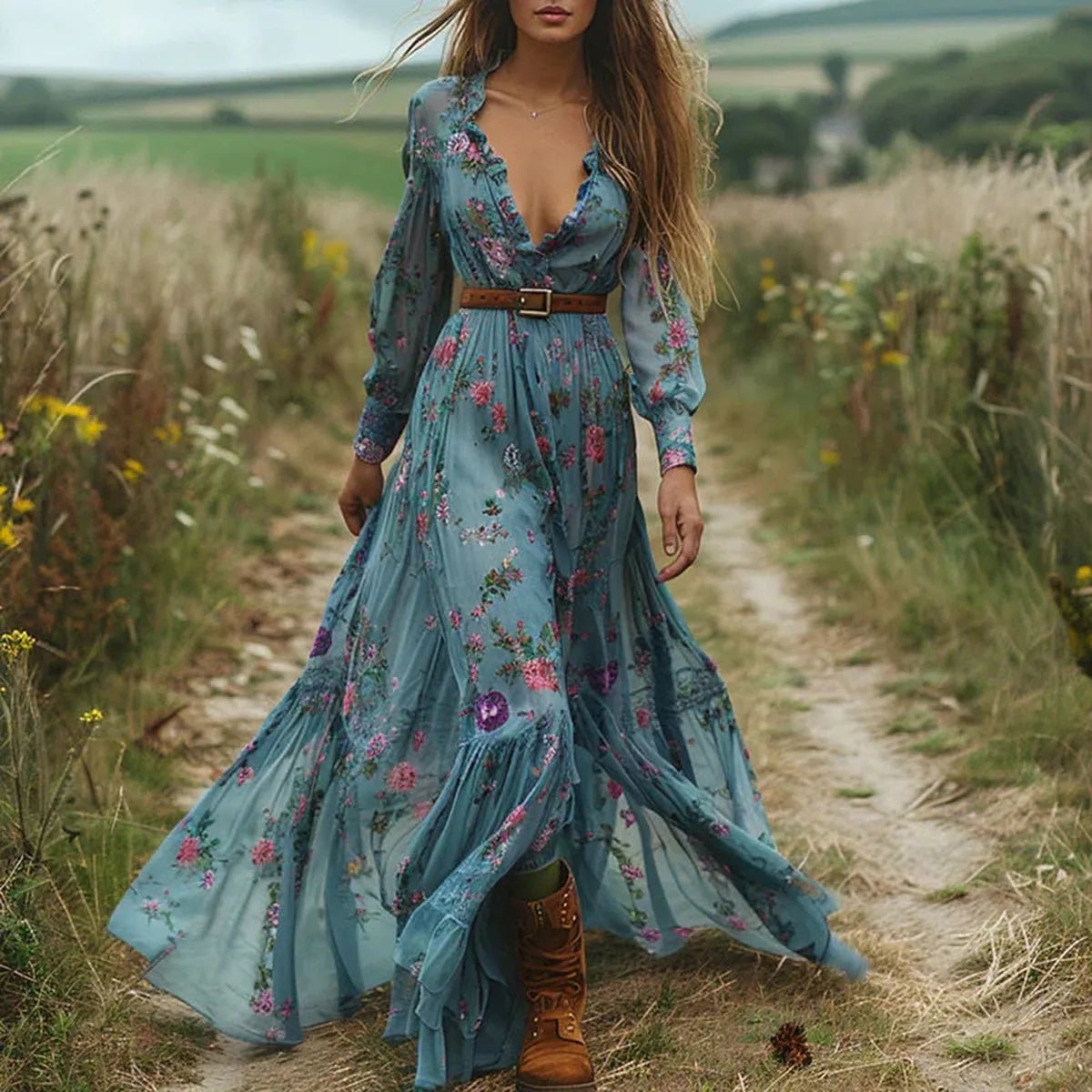 Bohemian Floral Print Maxi Dress with Long Sleeves