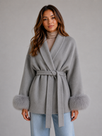 Women's Belted Wool Blend Coat – Faux Fur Trim Wrap Coat