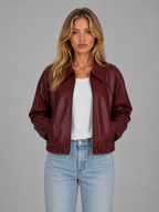 Women's Zip Leather Jacket with Pockets – Relaxed Cropped Fit