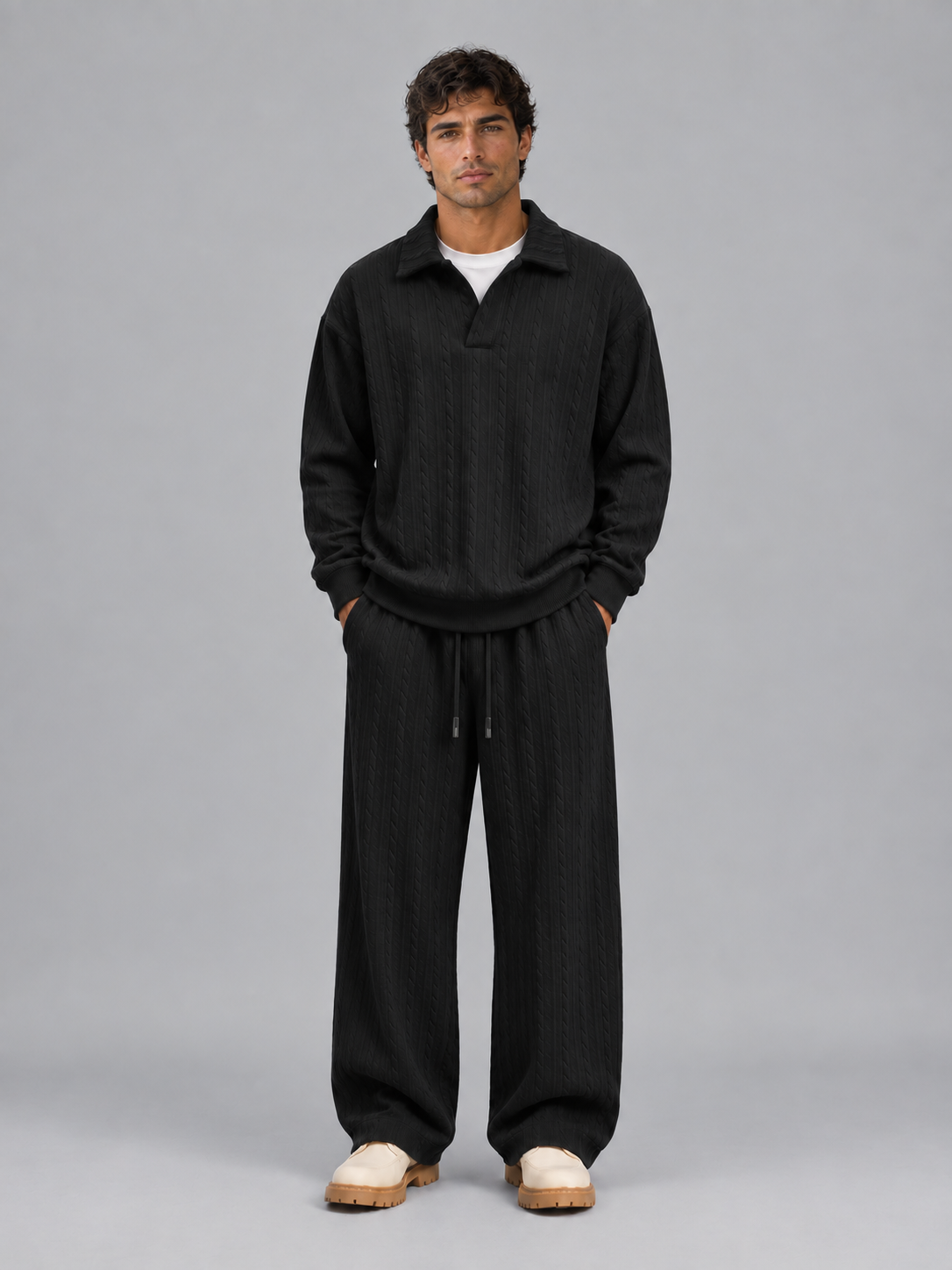 Men’s Cable Knit Two-Piece Set – Collared Top & Wide-Leg Trousers