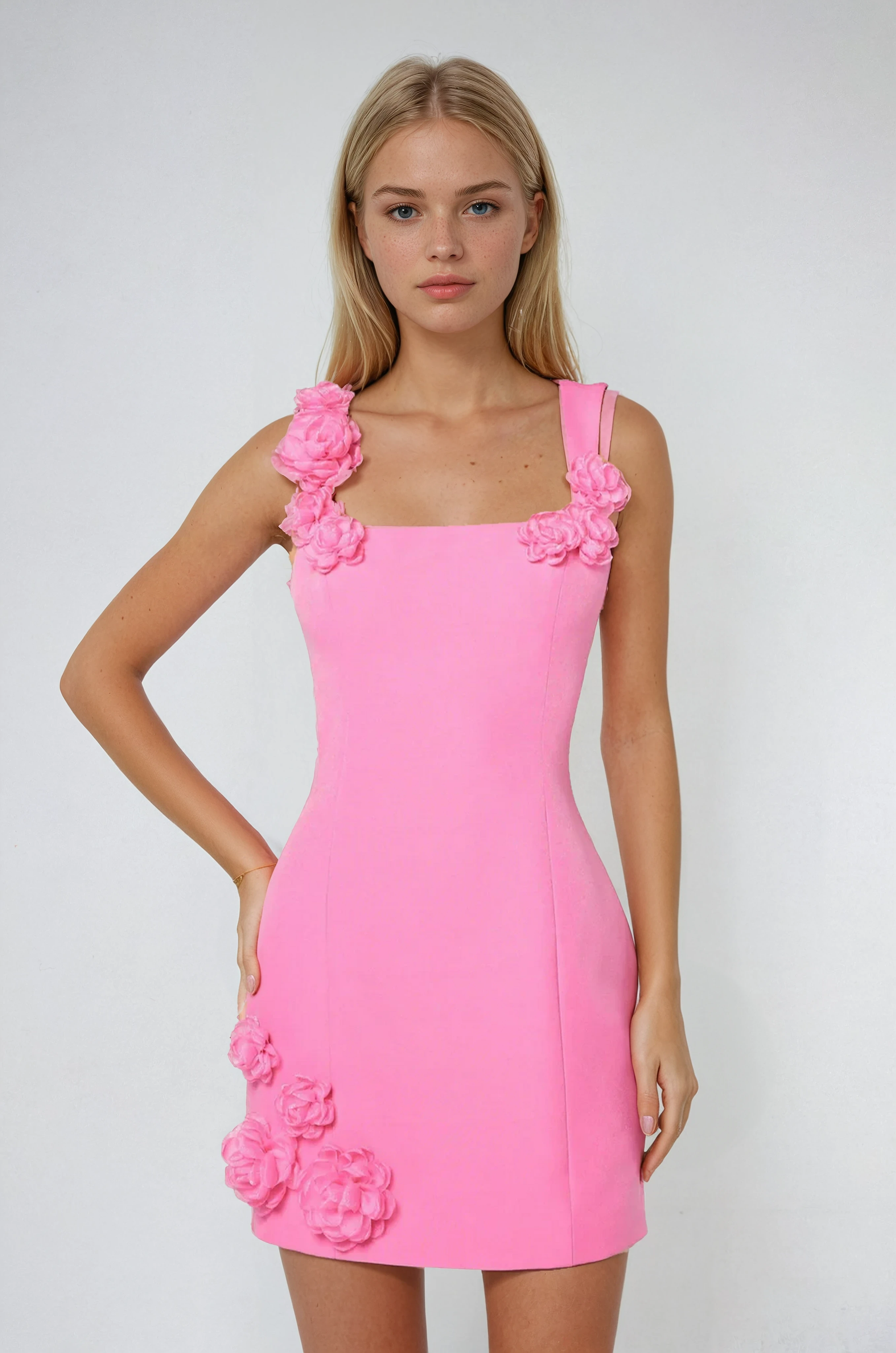 Pink Floral Applique Summer Cocktail Mini Dress