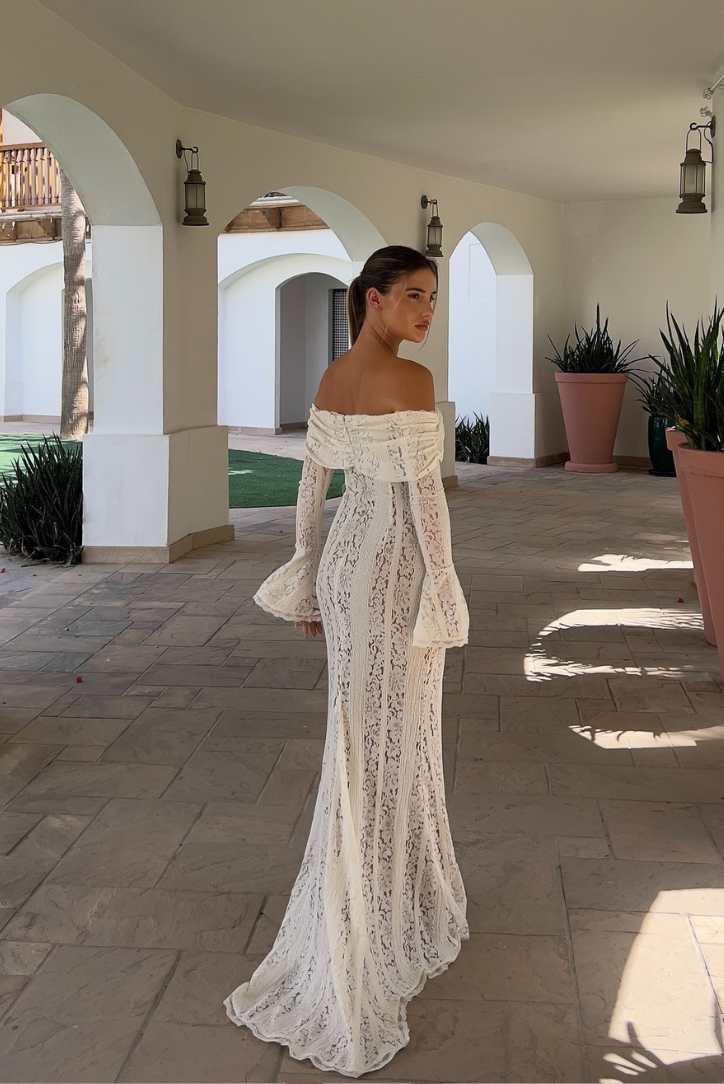 Off-Shoulder Lace Wedding Guest Maxi Dress