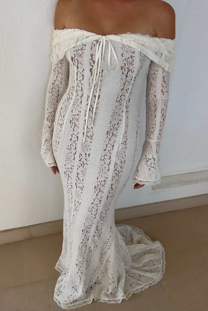 Off-Shoulder Lace Wedding Guest Maxi Dress