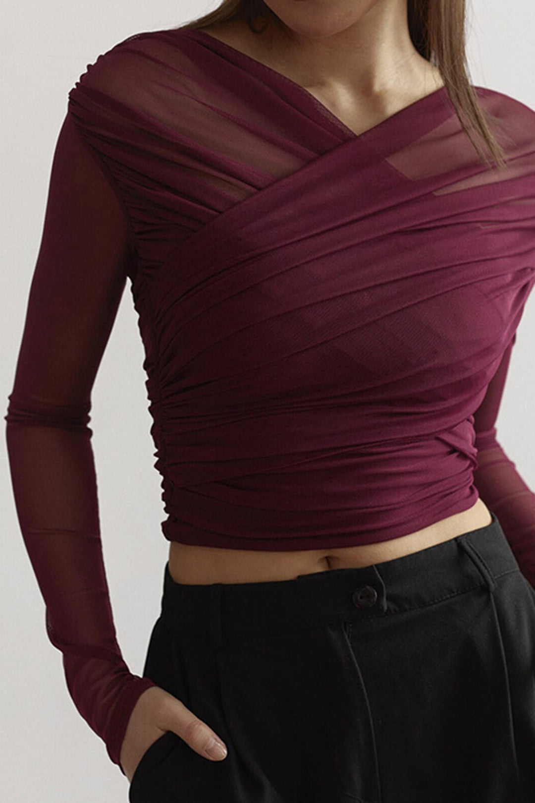 Sheer Mesh Ruched Long Sleeve Top