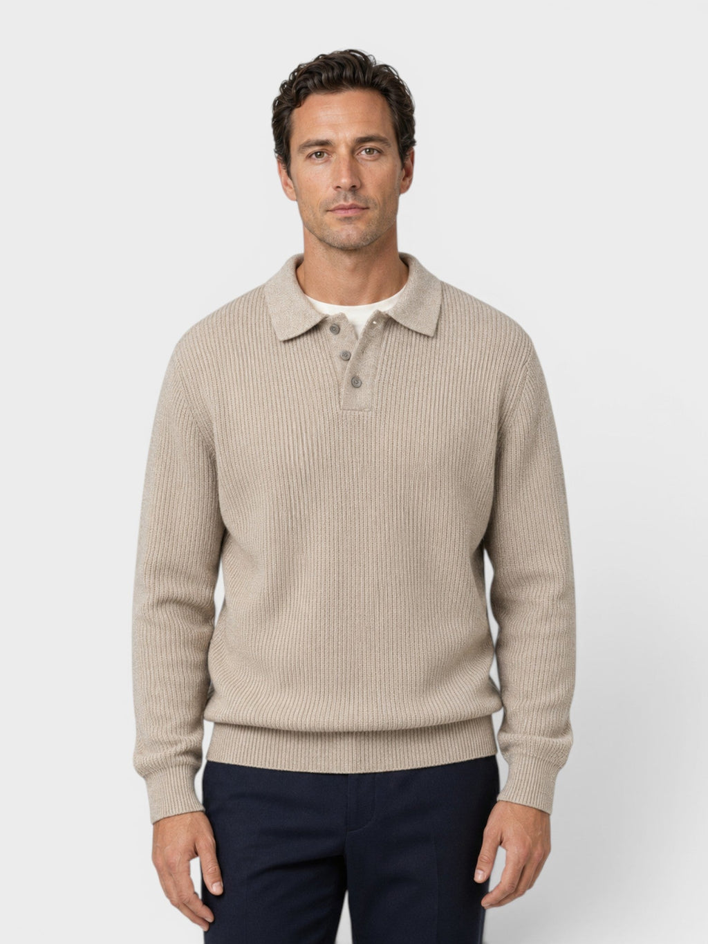 Men's Ribbed Knit Polo Sweater – Long Sleeve