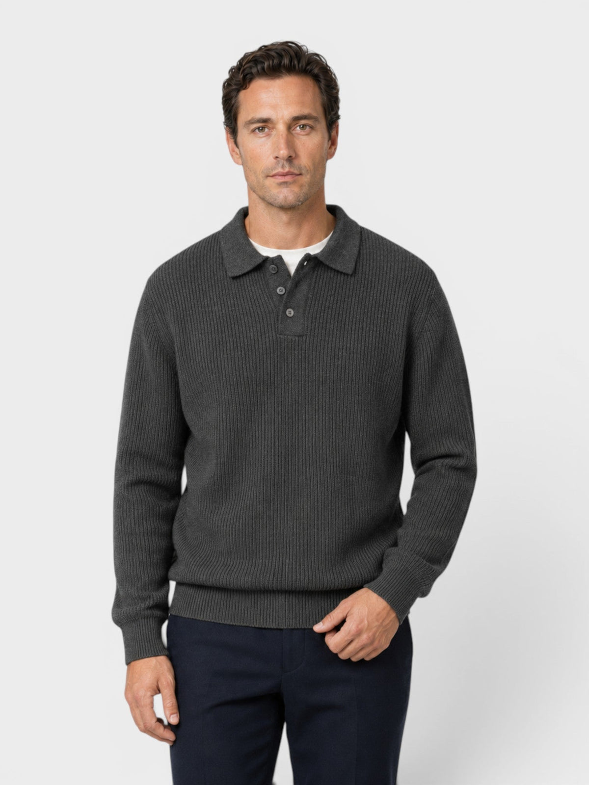 Men's Ribbed Knit Polo Sweater – Long Sleeve