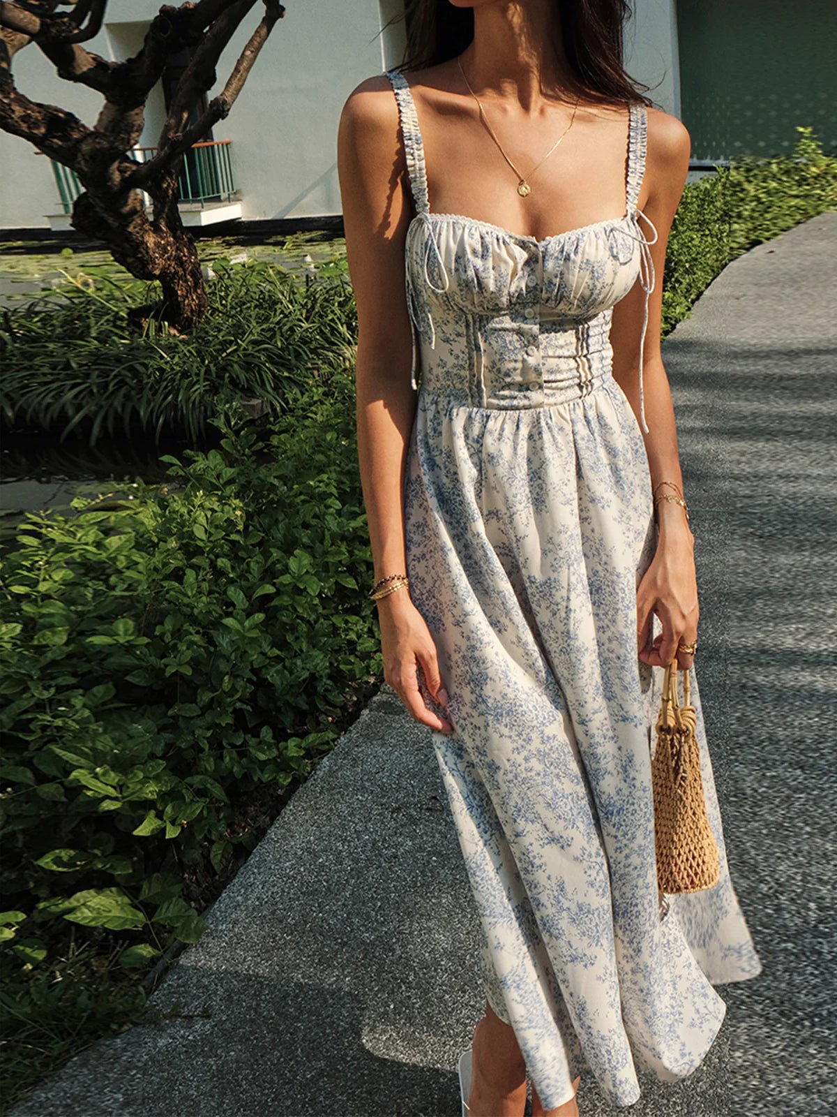 Blue Garden Corset Midi Dress