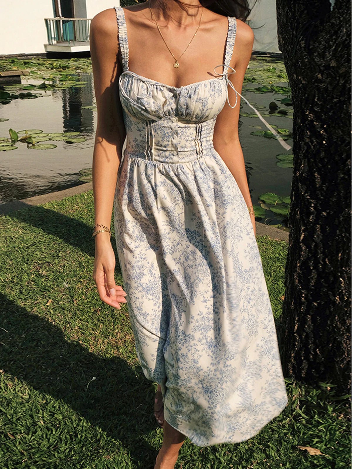 Blue Garden Corset Midi Dress