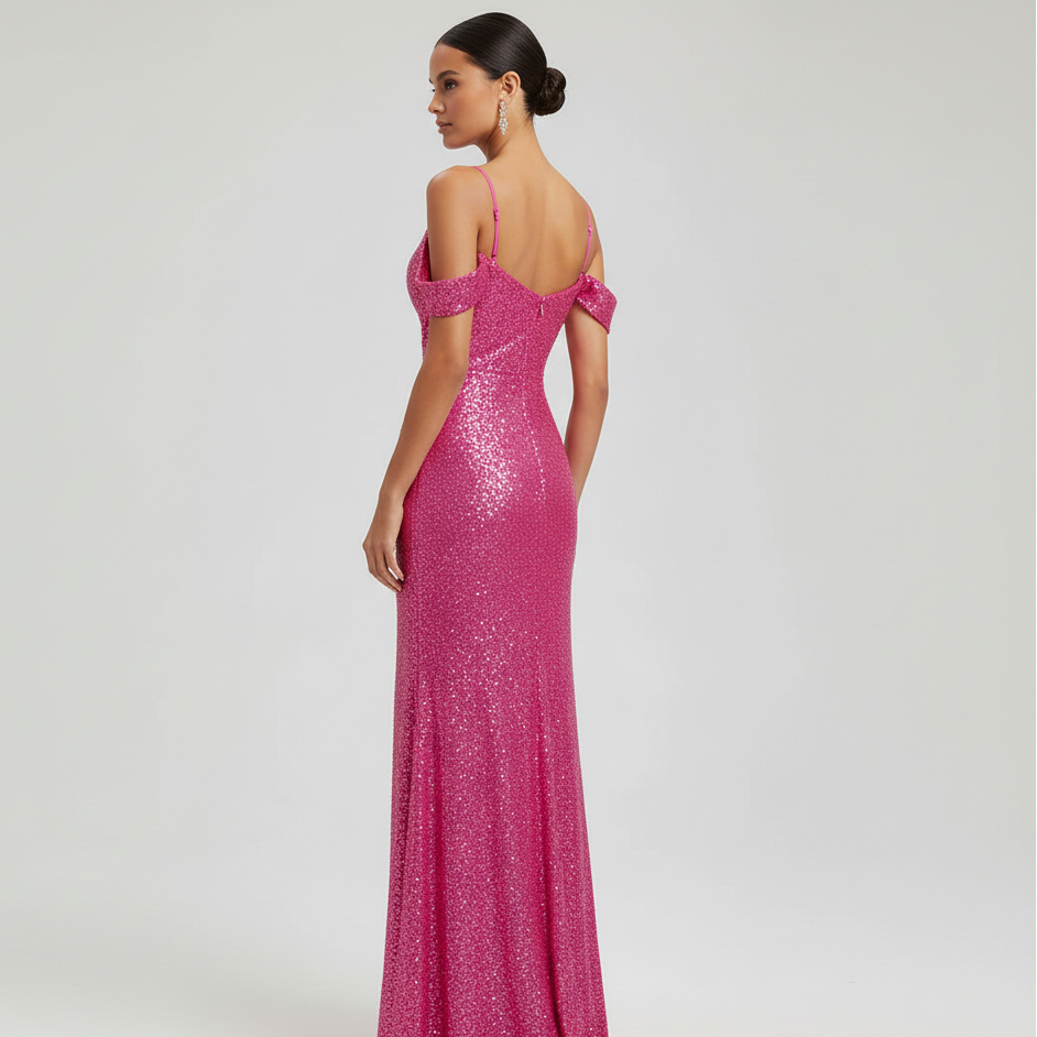 Fuchsia Spark Off-Shoulder Sequined Maxi Gown