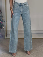 High Waist Diamanté Straight Jeans