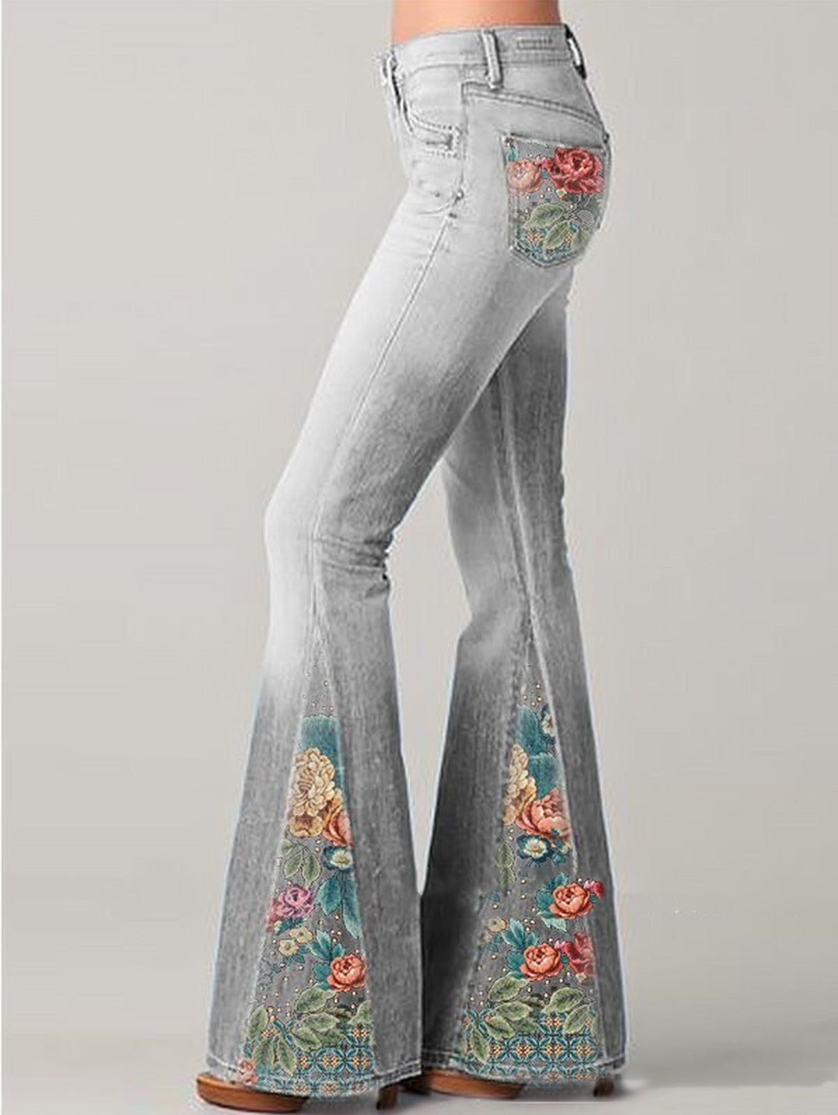 Bootcut Denim Jeans with Flower Embroidery