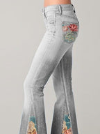 Bootcut Denim Jeans with Flower Embroidery