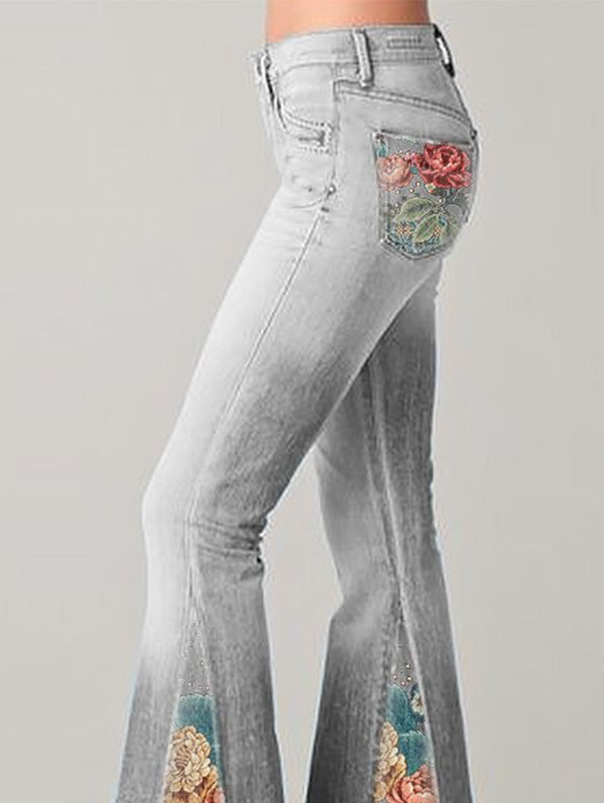 Bootcut Denim Jeans with Flower Embroidery