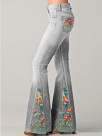 Bootcut Denim Jeans with Flower Embroidery