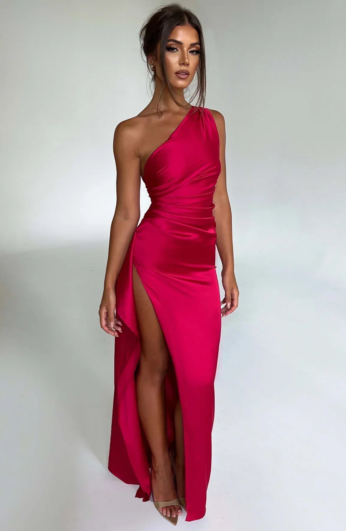 Satin One-Shoulder Evening Maxi Gown