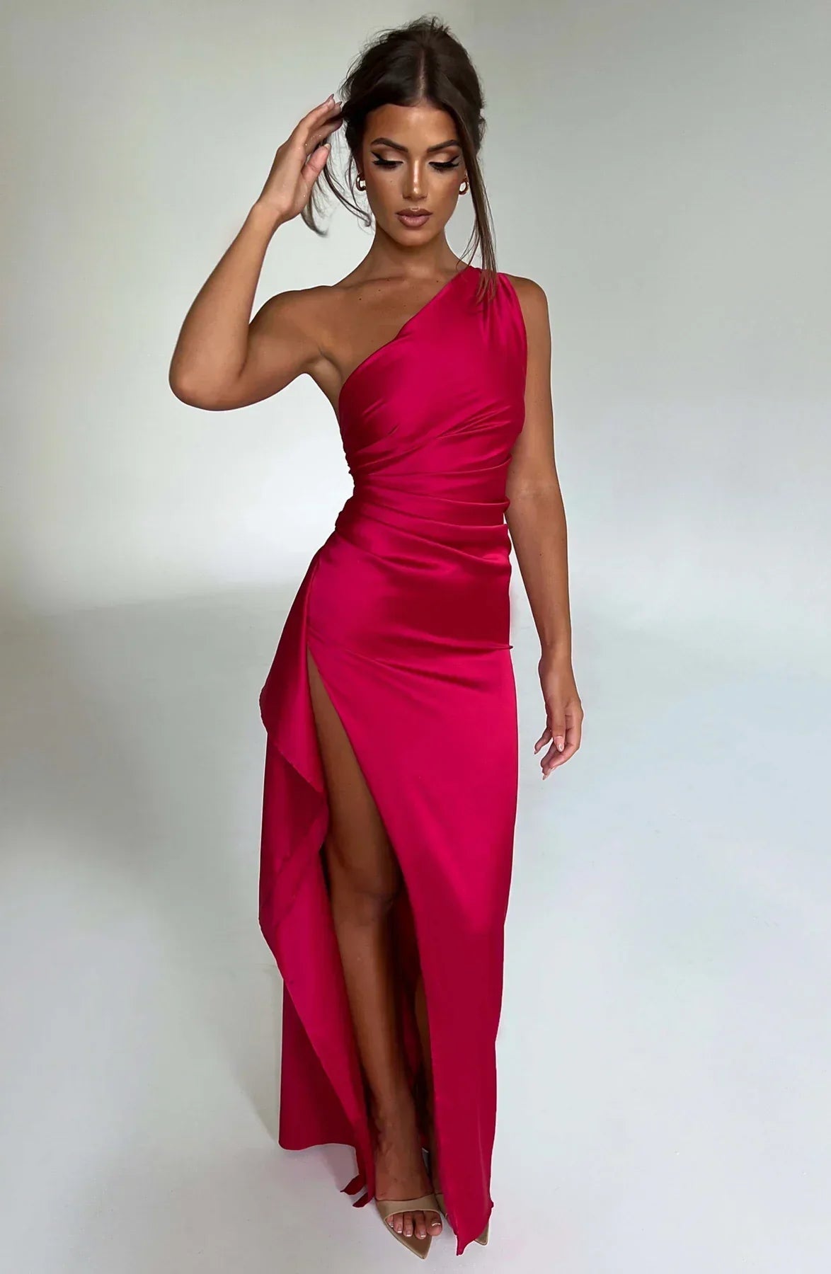 Satin One-Shoulder Evening Maxi Gown