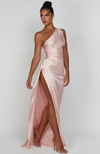 Satin One-Shoulder Evening Maxi Gown