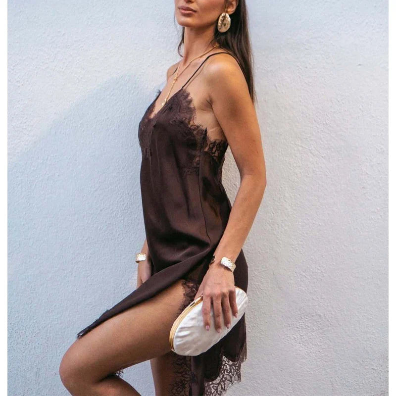 Lace Satin Backless Mini Dress