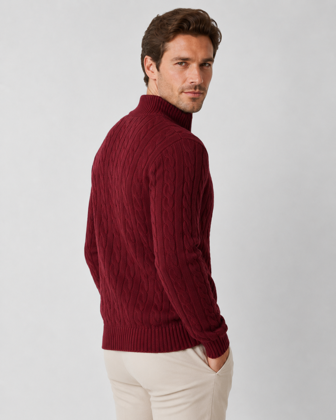 Men’s Cable Knit Quarter-Zip Mock Neck Sweater