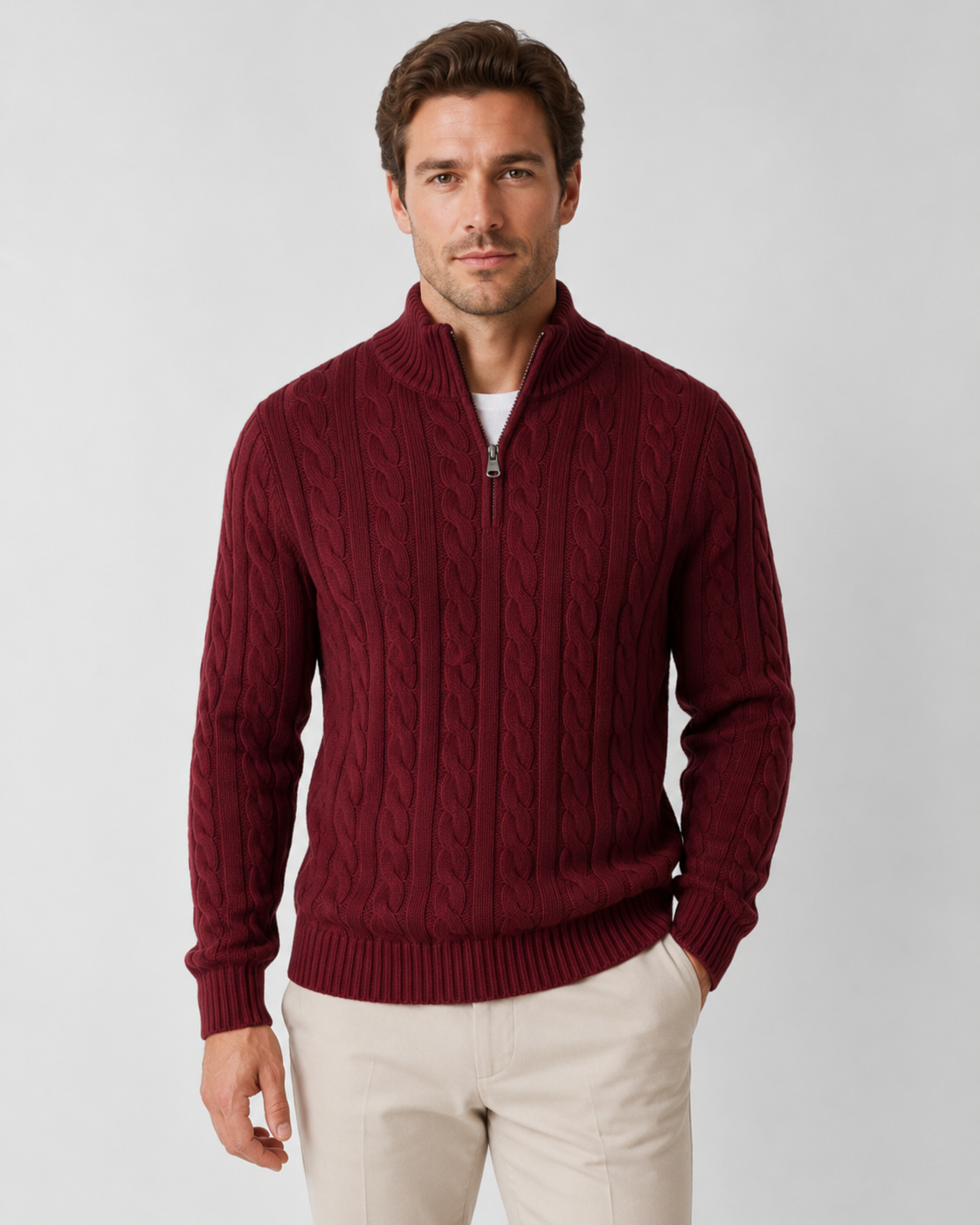 Men’s Cable Knit Quarter-Zip Mock Neck Sweater