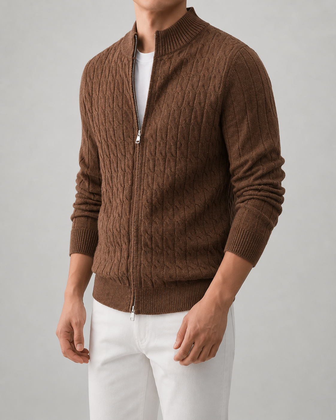 Men’s Cable Knit Zip Cardigan – Stand Collar Regular Fit