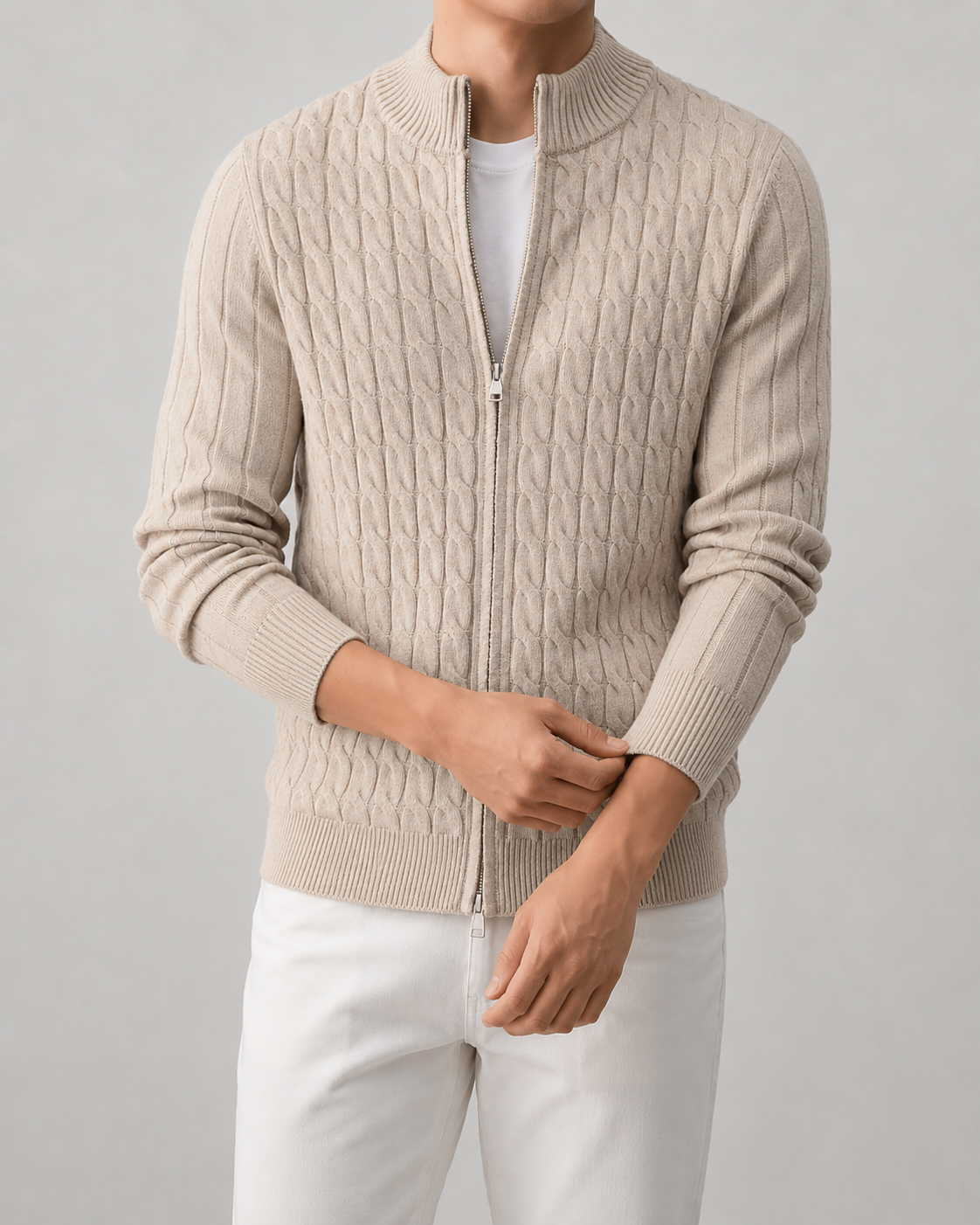 Men’s Cable Knit Zip Cardigan – Stand Collar Regular Fit