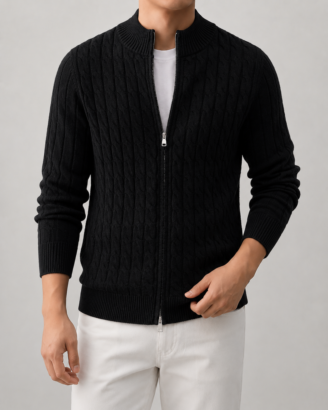 Men’s Cable Knit Zip Cardigan – Stand Collar Regular Fit