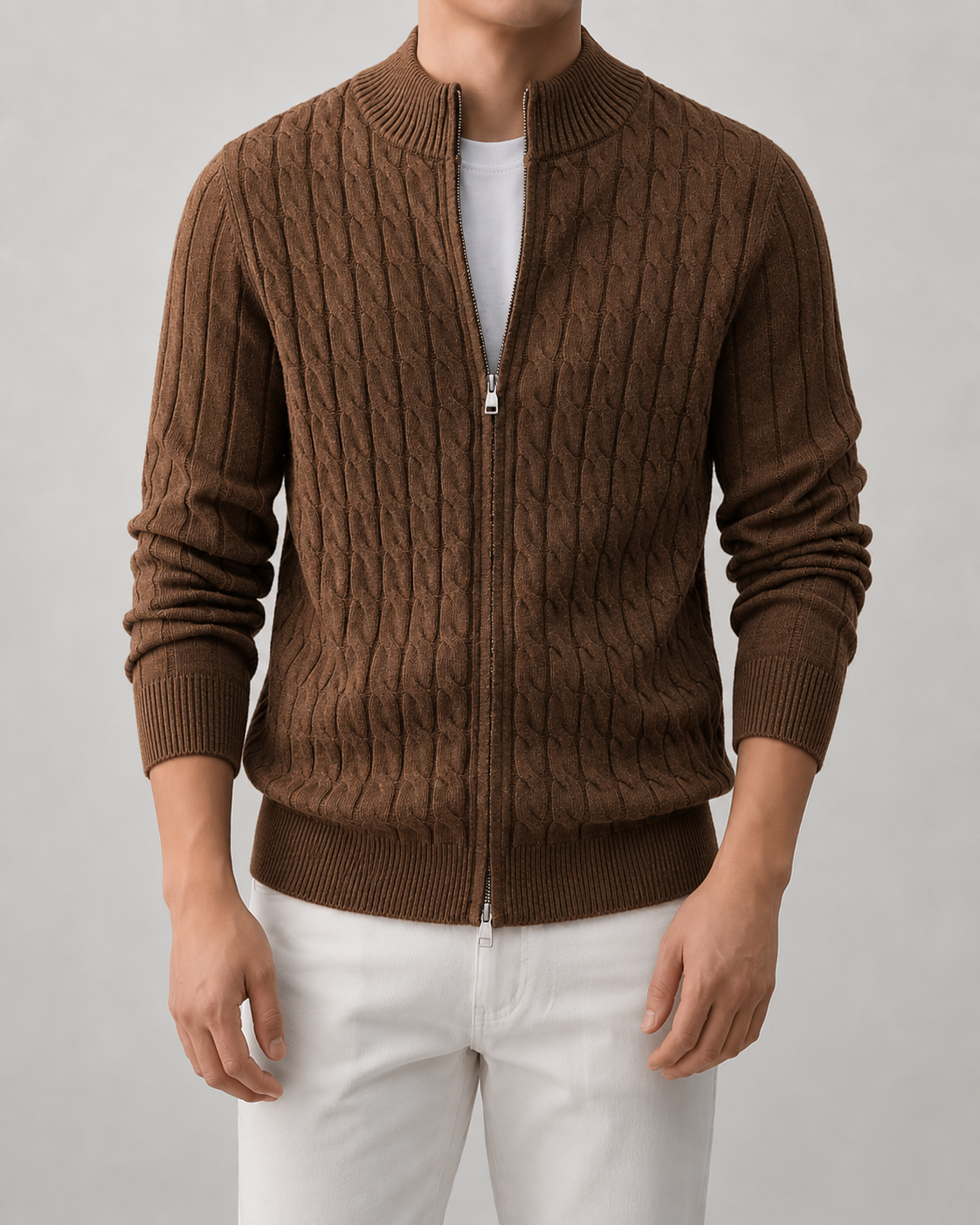 Men’s Cable Knit Zip Cardigan – Stand Collar Regular Fit