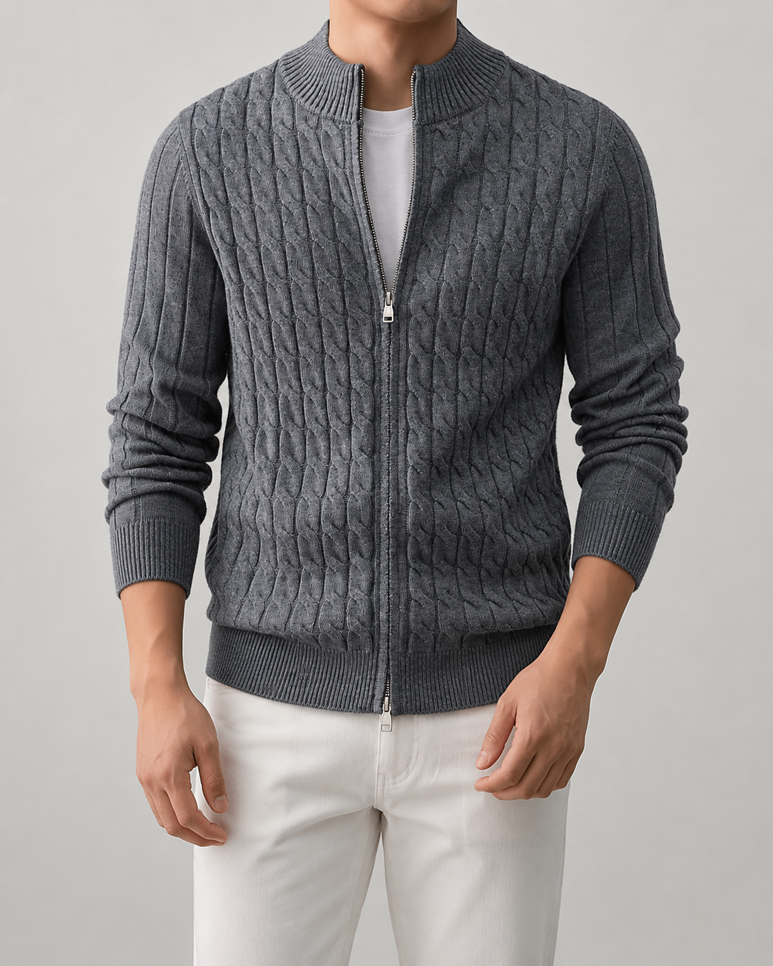 Men’s Cable Knit Zip Cardigan – Stand Collar Regular Fit