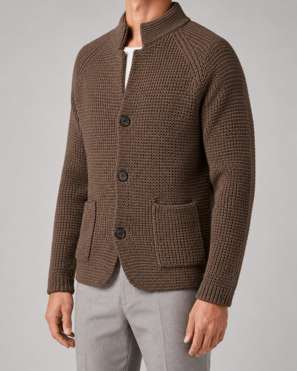 Men’s Chunky Knit Cardigan with Stand Collar