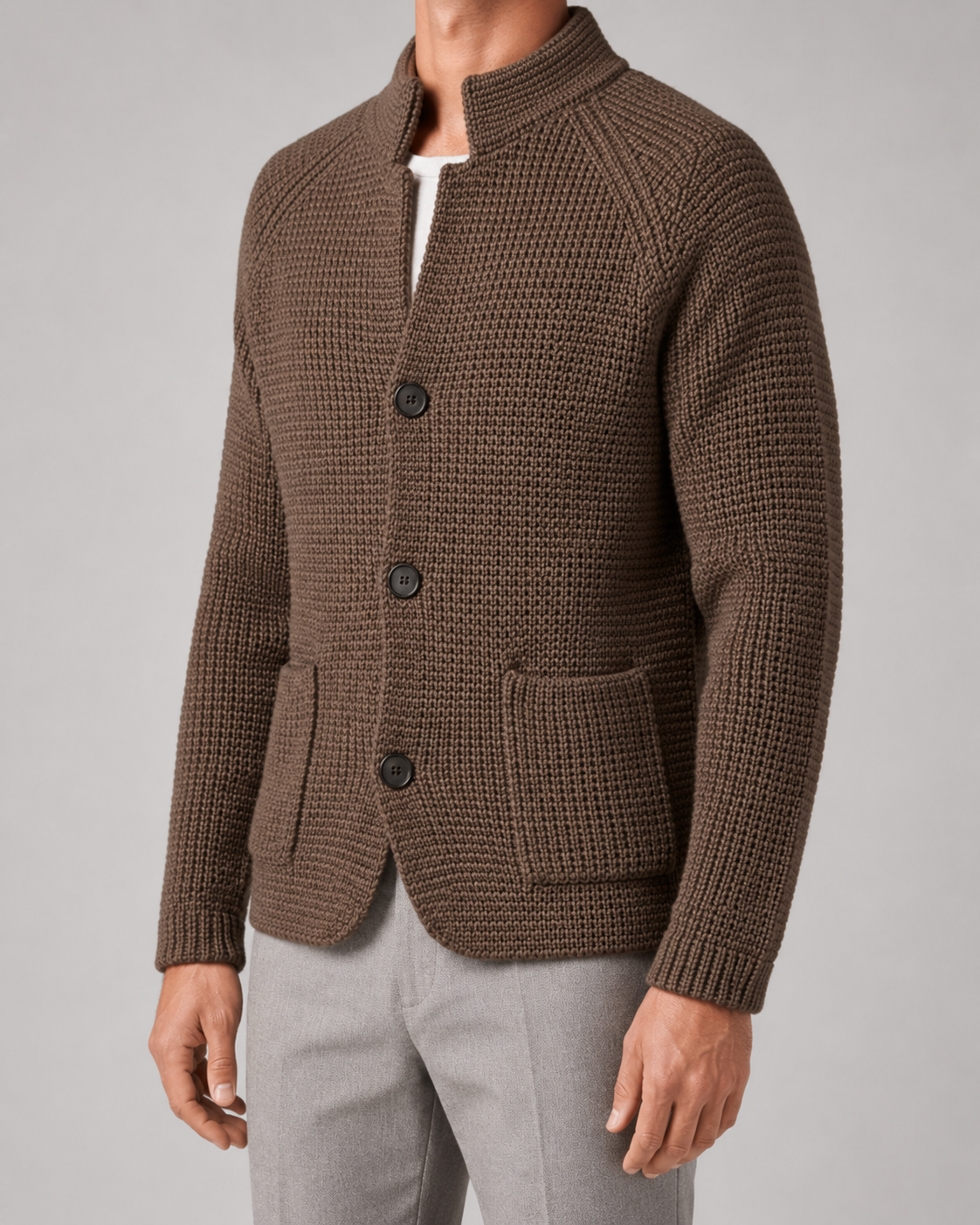Men’s Chunky Knit Cardigan with Stand Collar