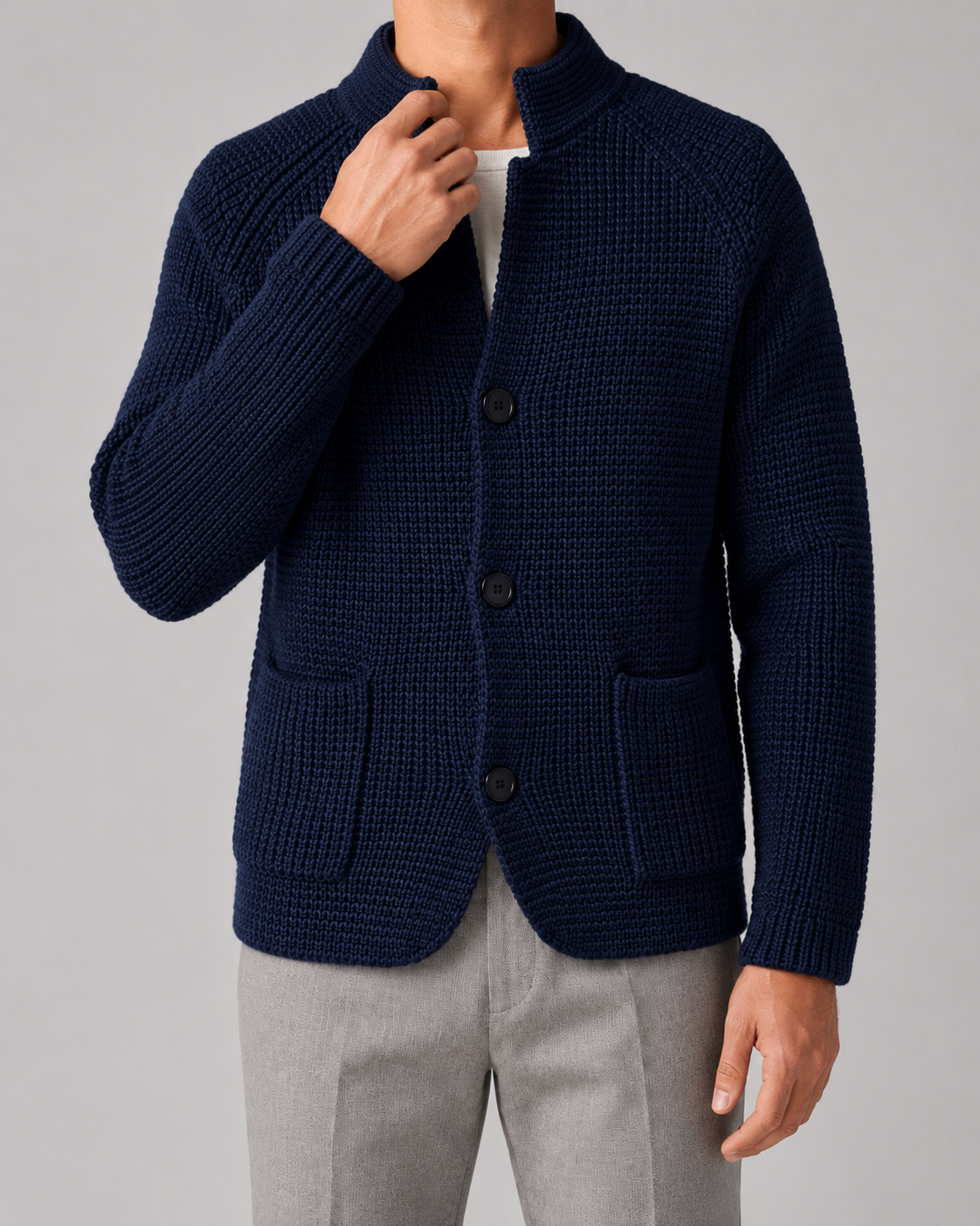 Men’s Chunky Knit Cardigan with Stand Collar